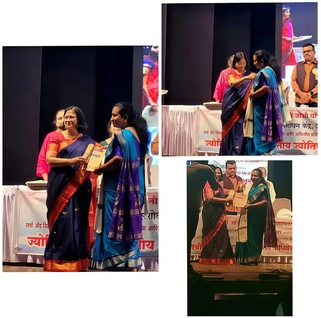 Dr. Jyoti Joshi was specially felicitated by the Astrology and Vastu Research Institute, Jalgaon, in Pune on 2022 with a medal and shawl for her special work in astrology.